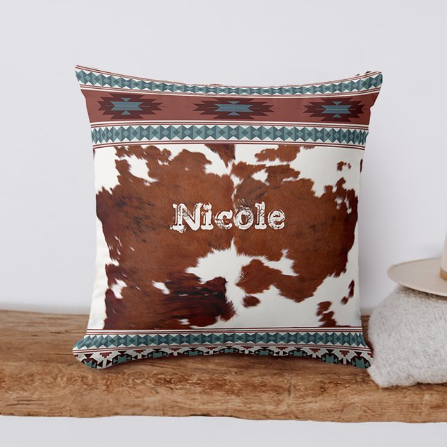 Almofada Boho Rustic Western Cowhide Name (Criador carregado)