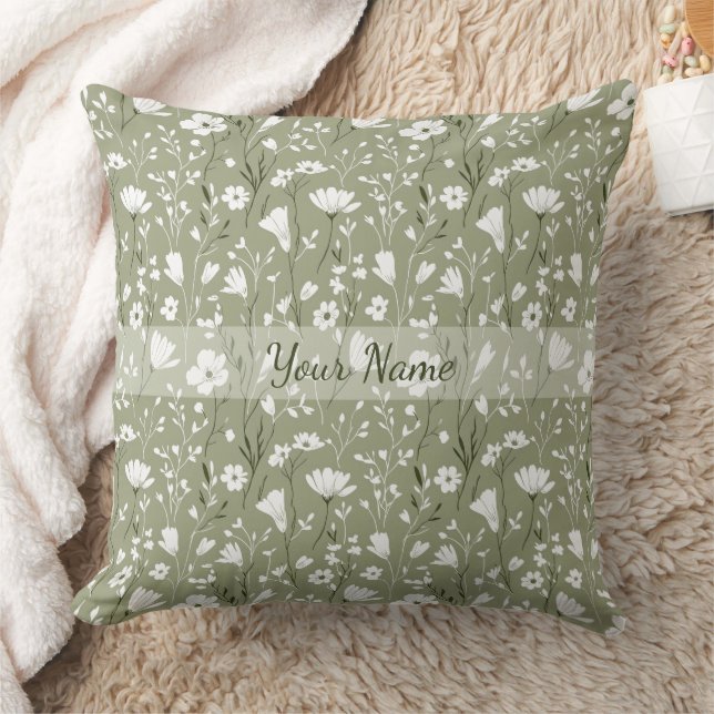 Almofada Boho Sage Green Floral Wildflowers Personalized (Cobertor)