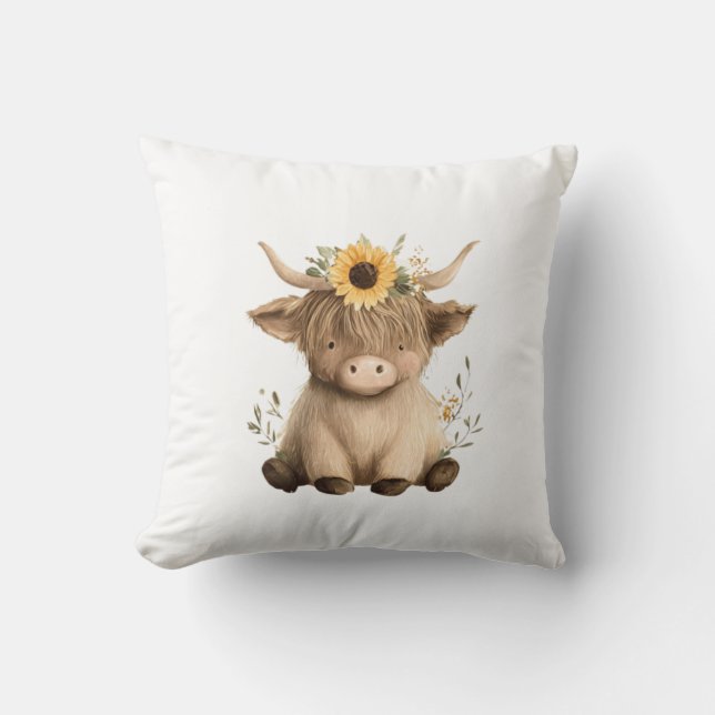 Almofada Boho Sunflower Highland Cow (Frente)