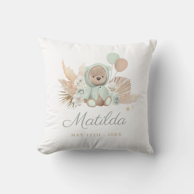 Almofada Boho Teddy Bear Chá de fraldas Gift Sage Green (Frente)