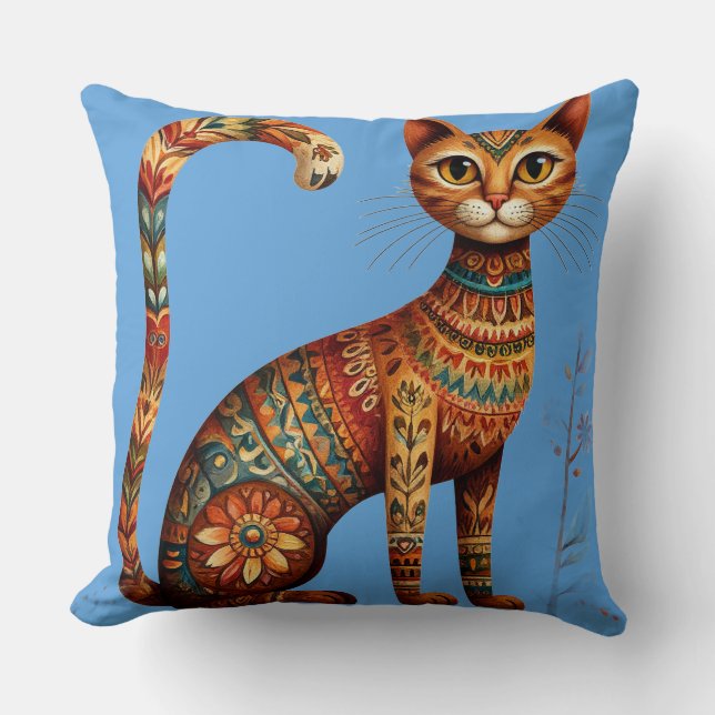 Almofada Boho Tribal Gato Arte Popular Fofa com Flores (Frente)