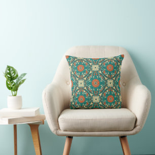 Almofada Boho Verde-azulado & Laranja Queimada Mandala Flor