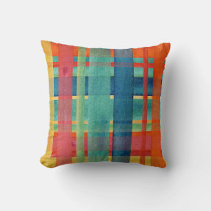 Almofada BOHO Watercolor Orange Teal Blue Red Xadrez Stripe