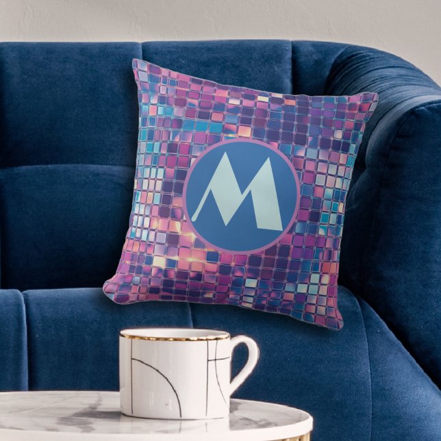 Almofada Bola de Disco Azul e Roxo do Groovy Personalizada (groovy blue and purple disco ball personalized monogram throw pillow)