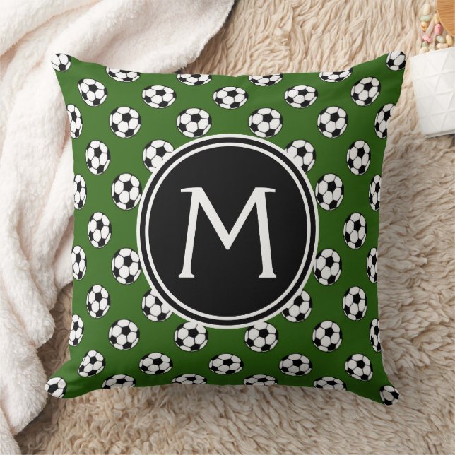 Almofada Bolas de Futebol Preto e Branco em Monograma Verde (Cobertor)