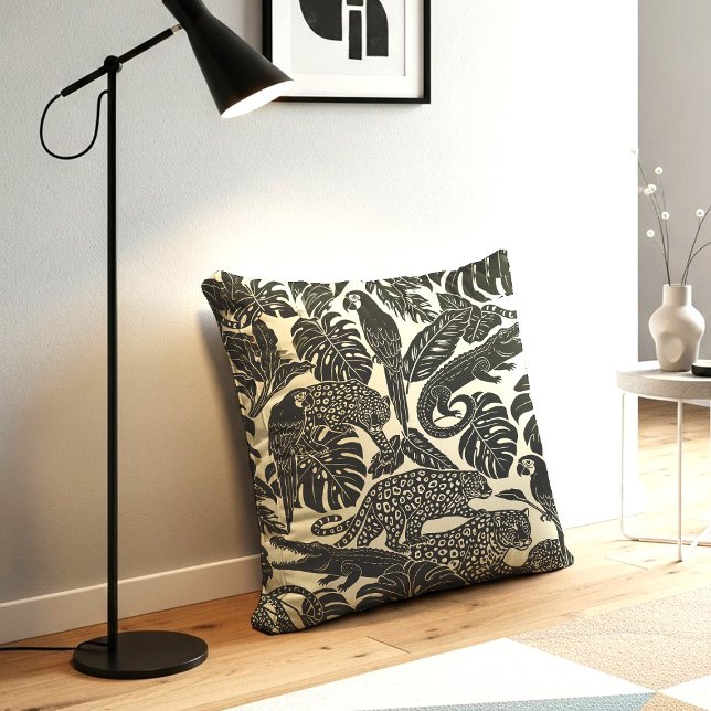 Almofada Bold Black and Cream Tropical Jungle Animals  (Criador carregado)