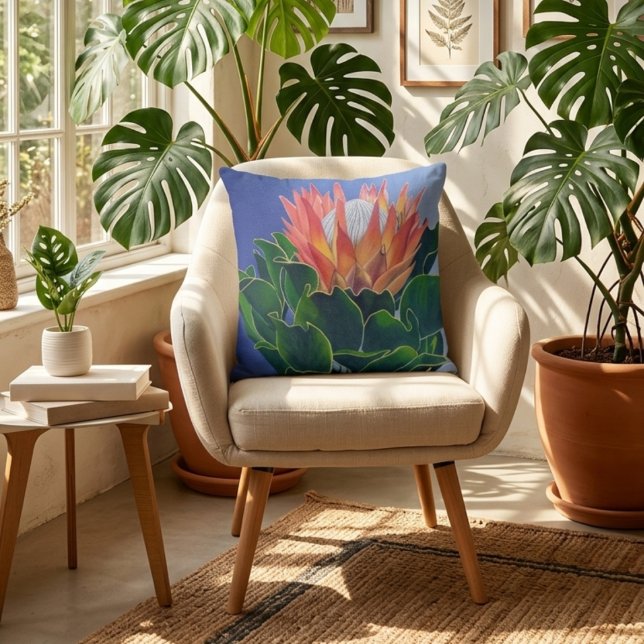 Almofada Bold King Protea | Hand-Painted Floral Art (On Chair)