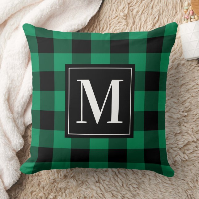 Almofada Bold Verde Preto Plaid Búfalo Monograma Natal (Cobertor)