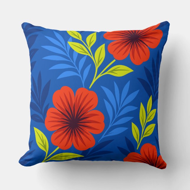 Almofada Bold Vermilion Red Florals with Elegant Leaves (Frente)