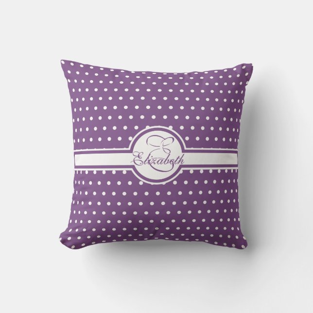 Almofada Bolinhas brancas elegantes em monograma roxo (Frente)