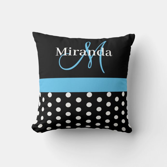 Almofada Bolinhas de Script de Monograma Azul Branco Preto (Frente)