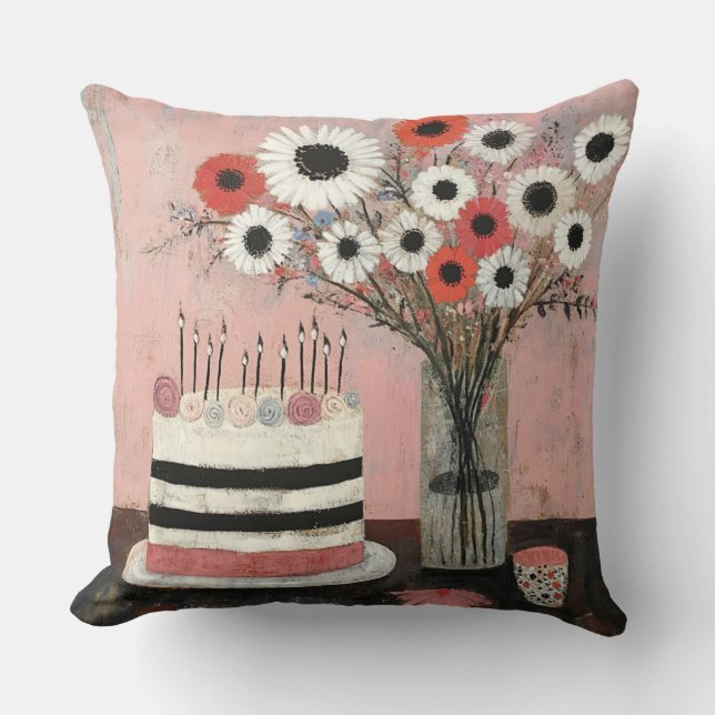 Almofada Bolo de Aniversário Chic e Flores de Gerbera (Frente)
