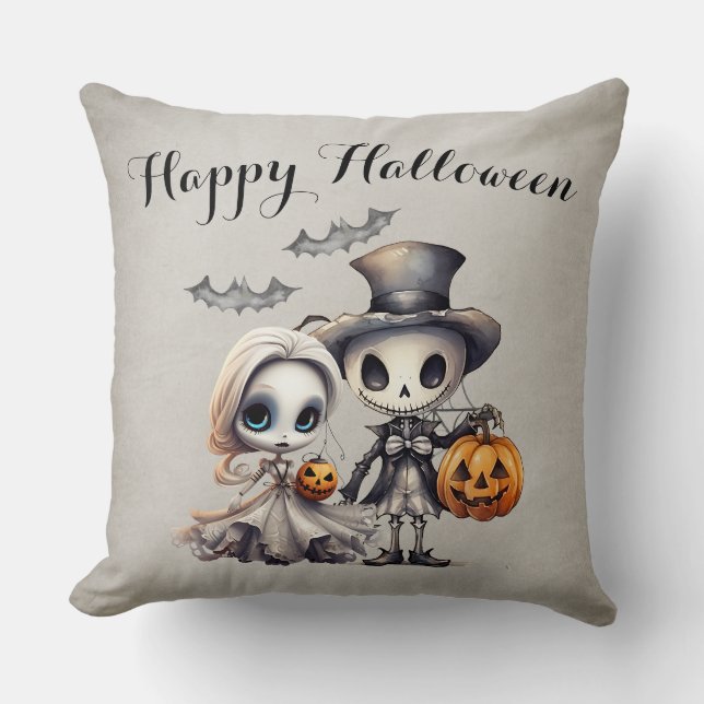 Almofada Boneca Fantasma Assustadora e Esqueleto Halloween (Frente)
