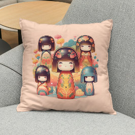 Almofada Bonecas Kokeshi em Aquarela Fofa Rosa