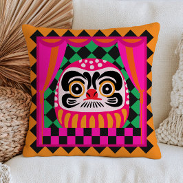 Almofada Boneco Daruma Japonês em Padrão Xadrez Retro