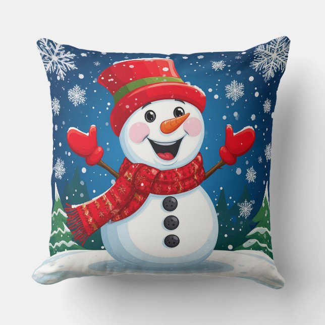 Almofada Boneco de Neve Alegre com Cachecol e Chapéu Vermel (Frente)