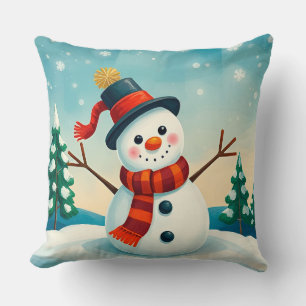 Almofada Boneco de Neve Alegre em Paisagem Invernal