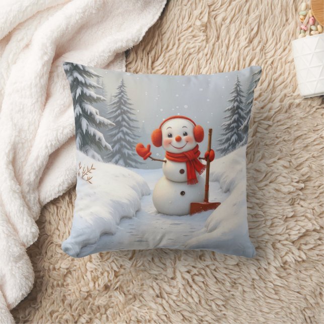 Almofada Boneco de Neve Amigável com uma Pá Vermelha (Cobertor)