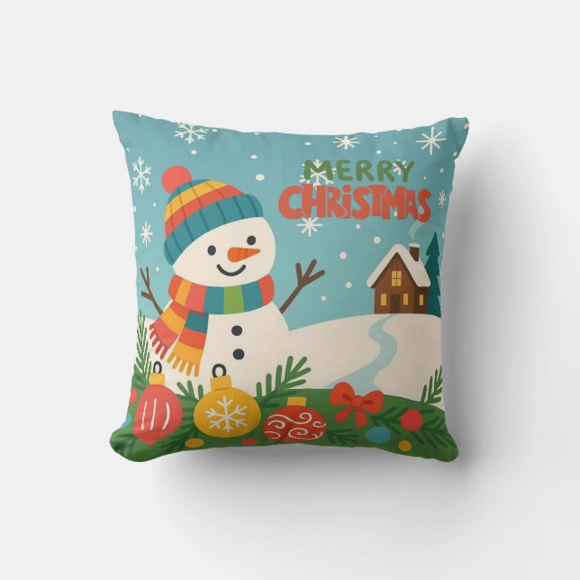 Almofada Boneco de neve clássico e fofo de Feliz Natal (Frente)