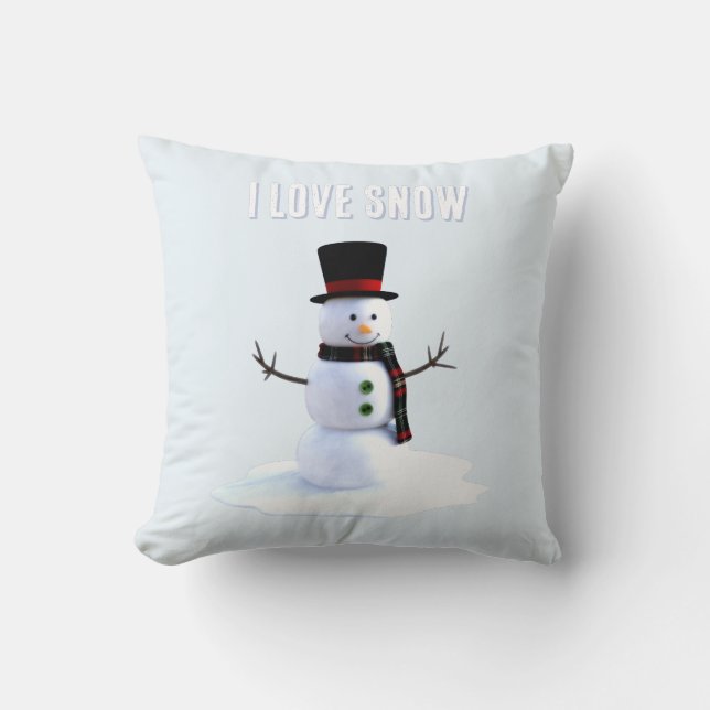 Almofada Boneco de neve com chapéu e cachecol. Eu Amo Neve (Frente)