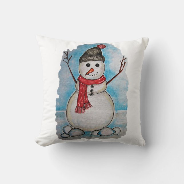 Almofada Boneco de neve lindo da aguarela com lenço e (Frente)