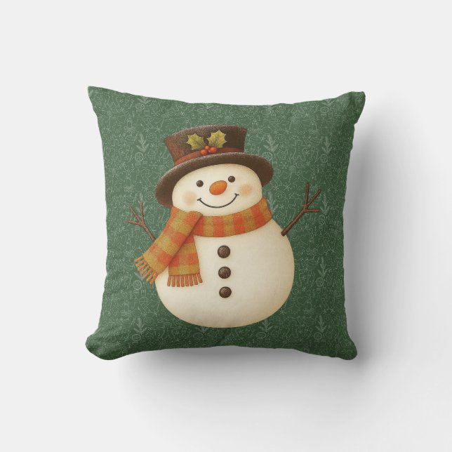 Almofada Boneco de neve rústico verde vintage fofo (Frente)