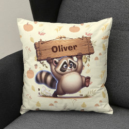Almofada Bonita Chubby Raccoon com Placa de Nome de Madeira