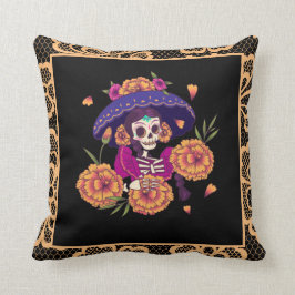 Almofada Bonito Esqueleto Floral Caveira & Laranja Lace Gót