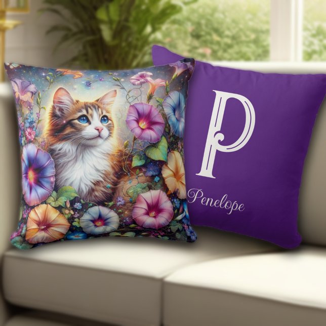 Almofada Bonito Monograma Personalizado de Flores de Gato (Criador carregado)