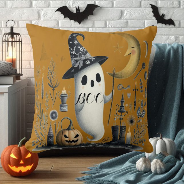 Almofada Boo Halloween Ghost Starry Night Half Jack (Boo Halloween Ghost Starry Night Half Moon Jack Throw Pillow)