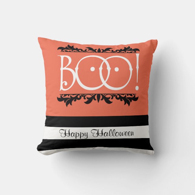 Almofada Boo! Halloween Laranja e Preto Listras Brancas Chi (Frente)