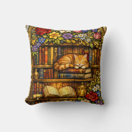 Almofada Book and Sleeping Cat Lovers Faux Stain Glass