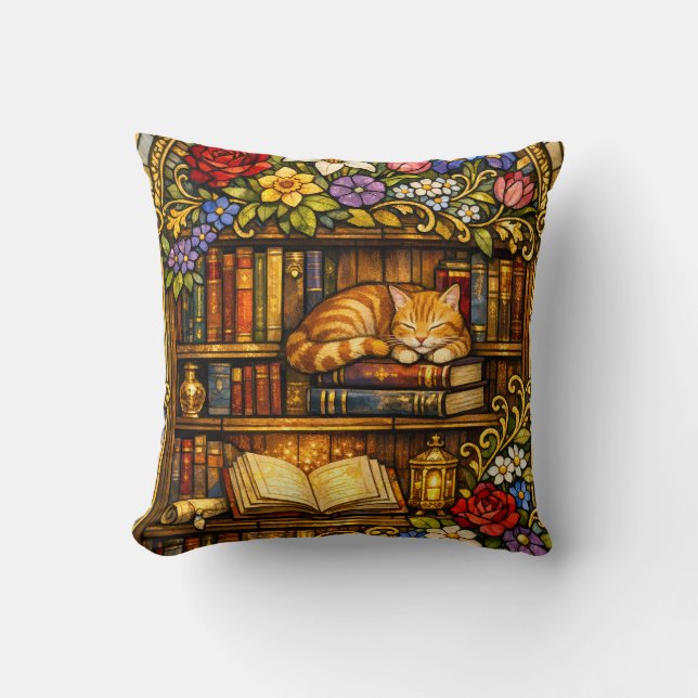 Almofada Book and Sleeping Cat Lovers Faux Stain Glass (Frente)