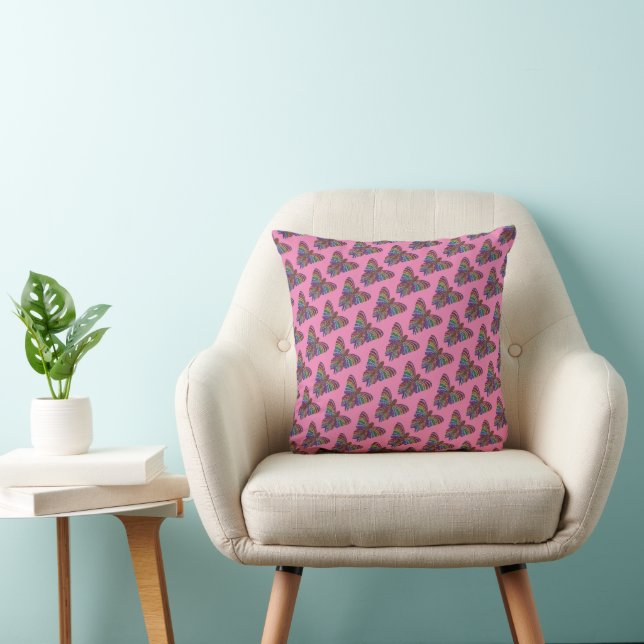 Almofada Borboleta Arco-íris (padrão rosa) - Travesseiro (Cadeira)