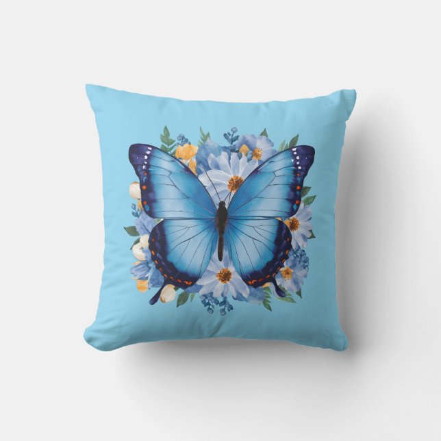 Almofada Borboleta Azul Graciosa em Floral (Frente)