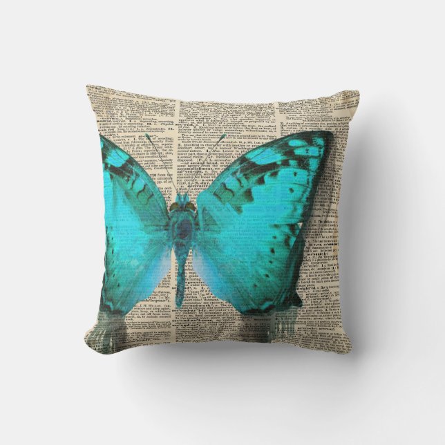 Almofada Borboleta Azul, impressão de dicionário antigo, de (Frente)