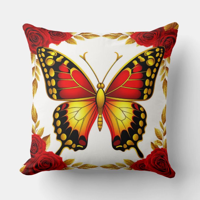 Almofada 🦋 Borboleta Dourada Rosas Vermelhas Estilo de Cas (Frente)
