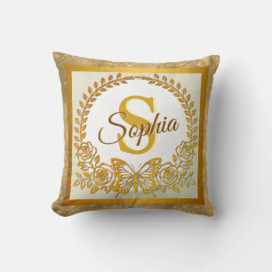 Almofada Borboleta e Flor Elegantes com Brilho Dourado