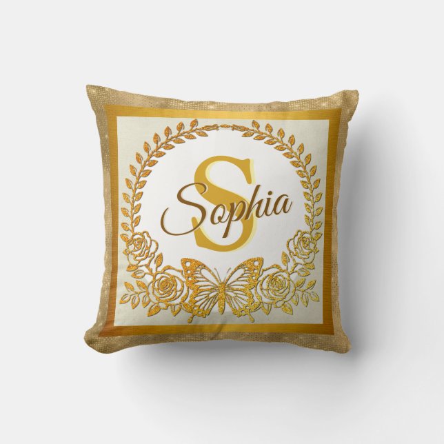 Almofada Borboleta e Flor Elegantes com Brilho Dourado (Frente)