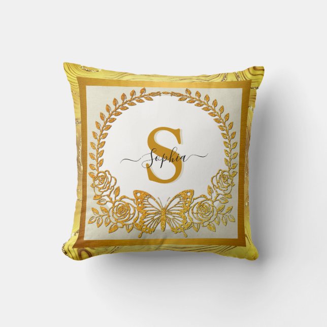 Almofada Borboleta e Flor Elegantes com Brilho Dourado (Frente)