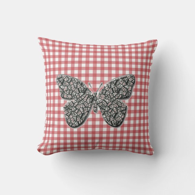 Almofada Borboleta Elegante Em Cushion Vermelho Gingham (Frente)
