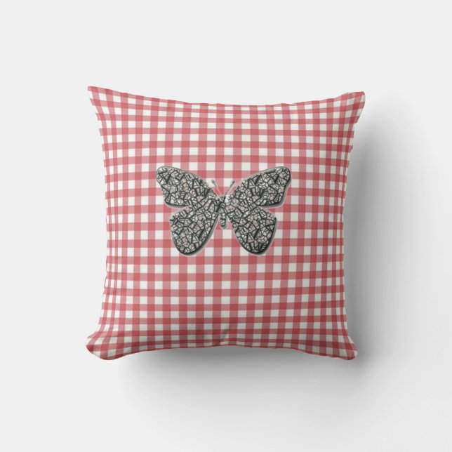 Almofada Borboleta Elegante Em Cushion Vermelho Gingham (Frente)