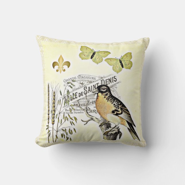 Almofada Borboleta francesa Fleur do pássaro da colagem do (Frente)