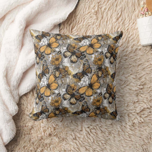 Almofada Borboleta Monarca Floral Elegante Branco Cinza Dou (Cobertor)