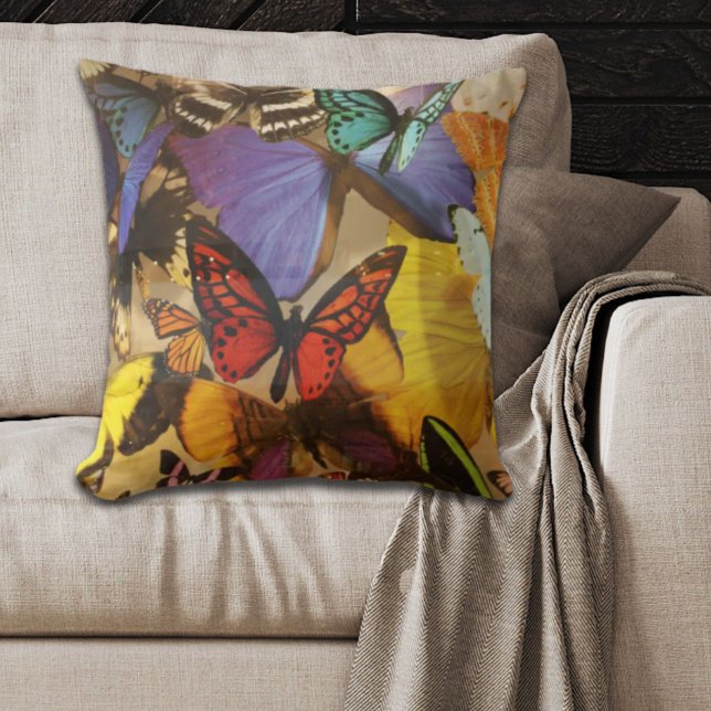 Almofada borboleta tropical cor de laranja roxa (purple burgundy orange colorful tropical butterfly throw pillow)