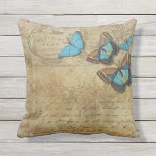 Almofada Borboletas Azuis Vintage Steampunk em Pergaminho