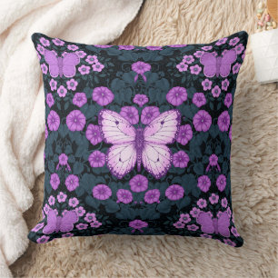 Almofada Borboletas e simetria das flores, violeta e azul