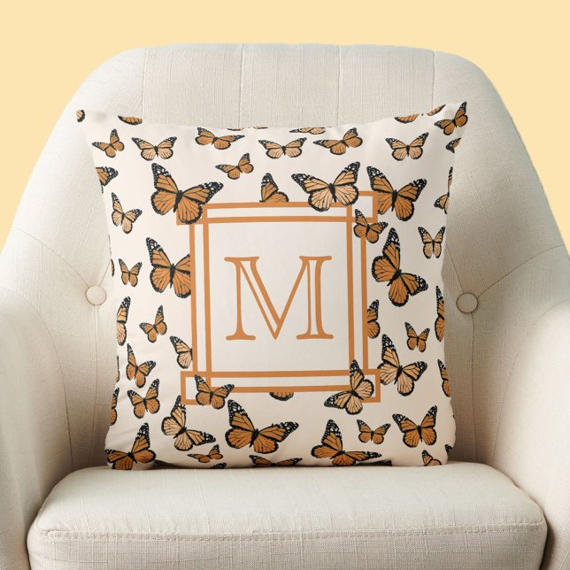 Almofada Borboletas Monarca Laranja Monograma Personalizado (Criador carregado)