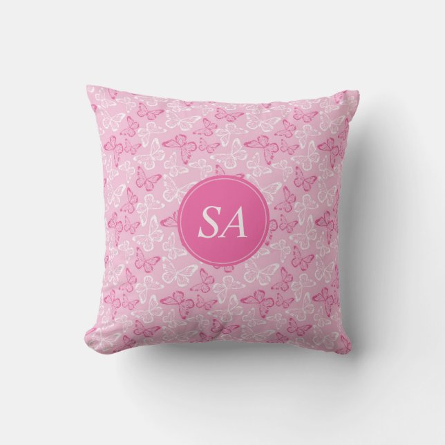 Almofada Borboletas Rosa e Branco Românticas Monograma (Frente)