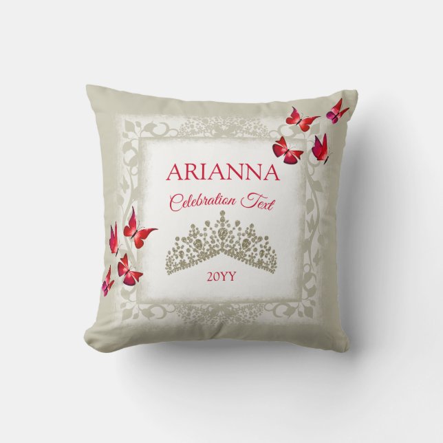 Almofada Borboletas Vermelhas Rubi, Tiara Dourada Champaign (Frente)